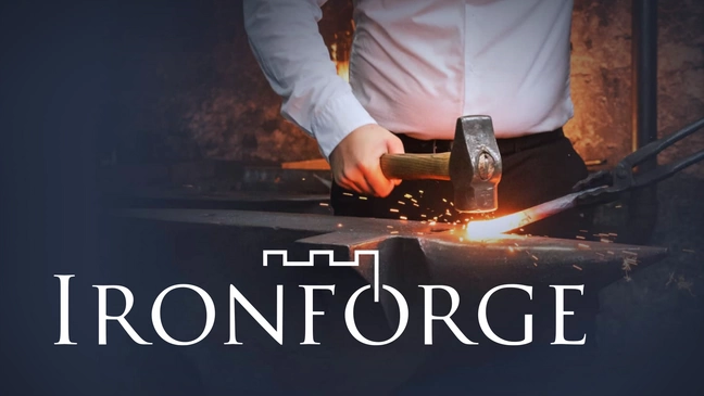Logo of Ironforge Consulting AG in front of an anvil on which iron is being forged by a businessman.