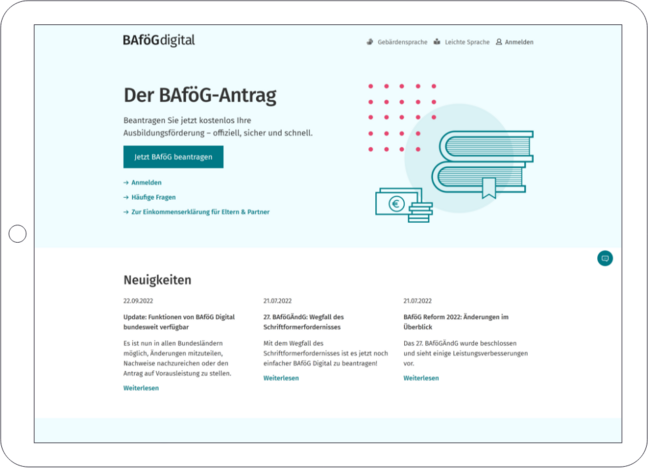 Screenshot of the homepage of the BAföG application portal