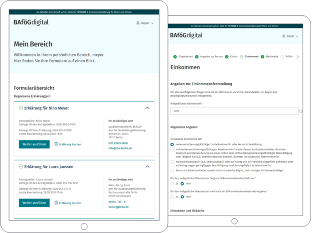 Screenshots from the BAföG Digital application process: You can see the personal area of the applicant with form overview and income declaration.