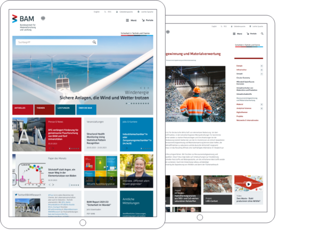 Screenshot of the homepage Federal Institute for Materials Research and Testing. The design shows various information modules with typical BAM topics such as fire fighting, bridge safety, 3D printing and information on New Year's Eve fireworks