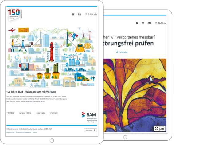 Screenshots der Jubiläumsseite der Federal Institute for Materials Research and Testing. Zu sehen ist der Themenzugang über eine interaktive Illustration auf der Startseite und eine thematische Seite