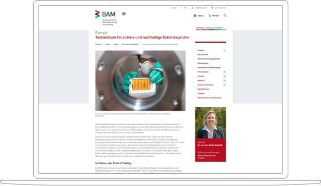 Screenshot of the editorial topic energy storage on the Federal Institute for Materials Research and Testingportal