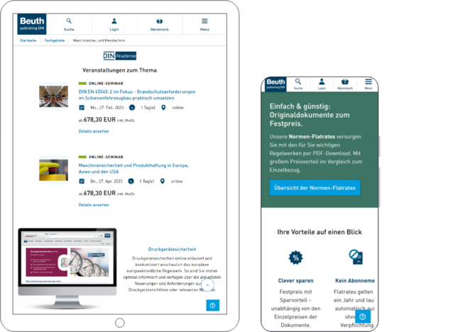 Screenshot einer Tablet- und einer Mobilsicht des Beuth-Portals: Zu sehen ist der Normen-Shop.