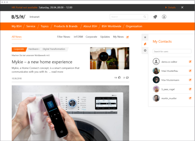 Screenshot of the homepage of BSH intranet