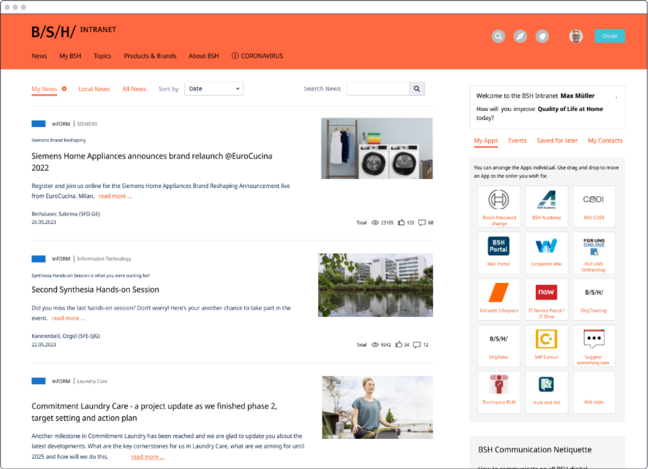 Screenshot der Startseite des BSH-Intranets