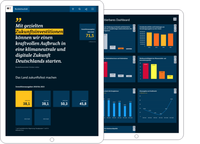 Zwei Screenshots der interaktiven Auswertungsmöglichkeiten im Digitalen Bundeshaushalt