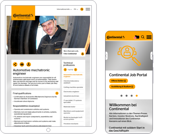 Screenshots eines Themas und des Jobportals auf der Corporate Website von Continental