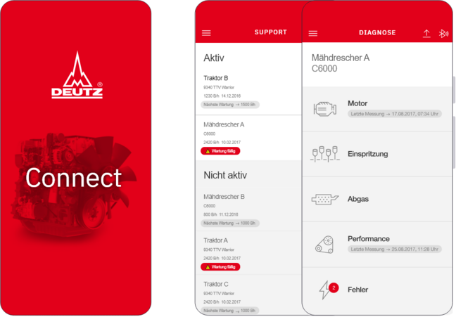 Screenshots der DEUTZ Connect App mit Motordiagnose und Motoren-Dashboard