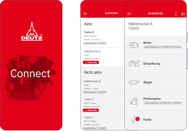 Screenshots of the DEUTZ Connect app with engine diagnostics and engine dashboard