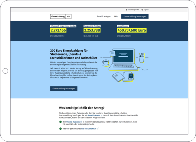 Screenshot der Website zur Auszahlung der Energiepreispauschale an Studierende und Schüler:innen.