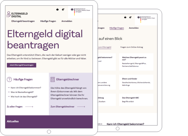 Screenshot of the start page of Elterngeld Digital