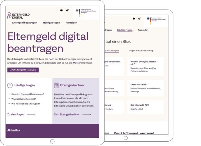 Screenshot der Startseite von Elterngeld Digital