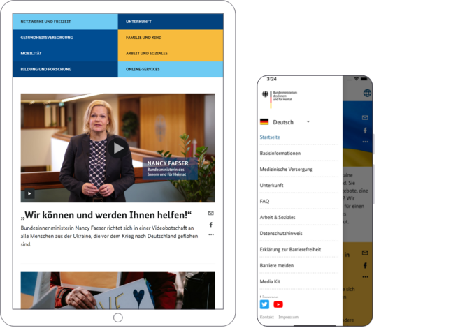 Screenshot of the digital support services for refugees from Ukraine on the Germany4Ukraine portal. You can also see the preview of the welcome video with Federal Minister of the Interior Nancy Faeser