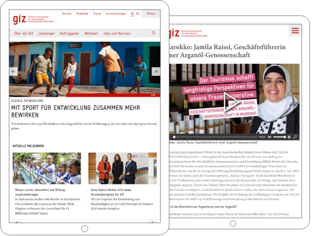 Screenshots of the GIZ portal with topics from development cooperation