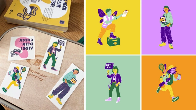 Die vier Beteiligungs-Typen illustriert und auf Postkarten