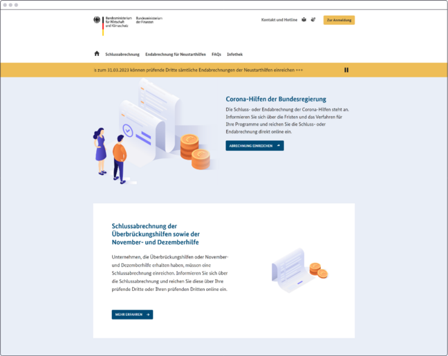 Screenshot der Startseite des Informationsangebots zu Überbrückungshilfen von Bund und Ländern
