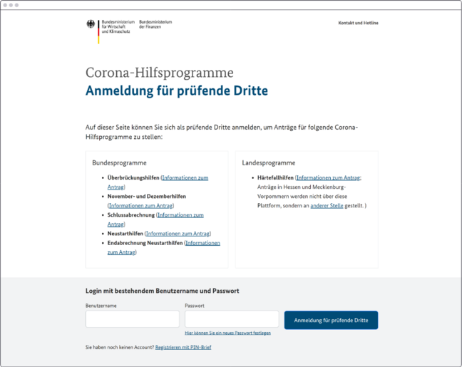 Screenshot of the bridging assistance application portal