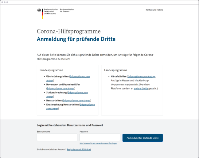 Screenshot des Antragsportals Überbrückungshilfen