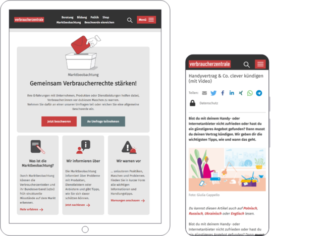Screenshots der Beschwerdeseite auf dem Portal der Verbraucherzentralen und eines Artikels zu Kündigungsrechten bei Handyverträgen