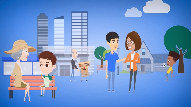 Screenshot des Videos zum Wegweiser Kommune. Zu sehen ist eine Illustration mit einem Stadtleben.