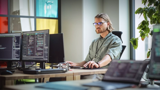 Ein Entwickler arbeitet in einem Office konzentriert an Programmcode.