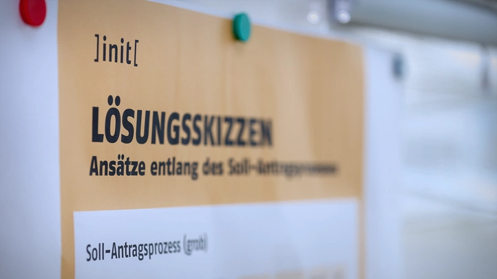 Fokus auf ein Poster an einer Pinnwand. Zu lesen ist "Lösungsskizzen im Soll-Antragsprozess".