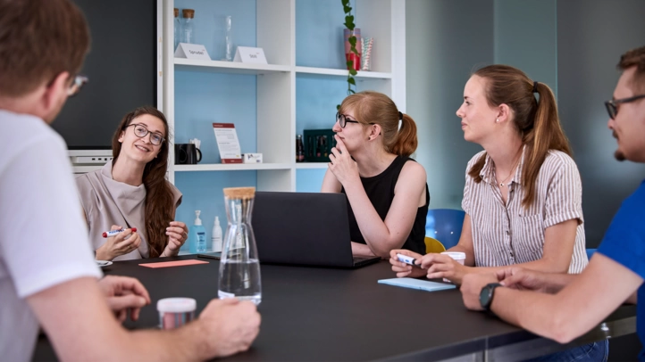 Ein Projektteam berät sich im Besprechungsraum.