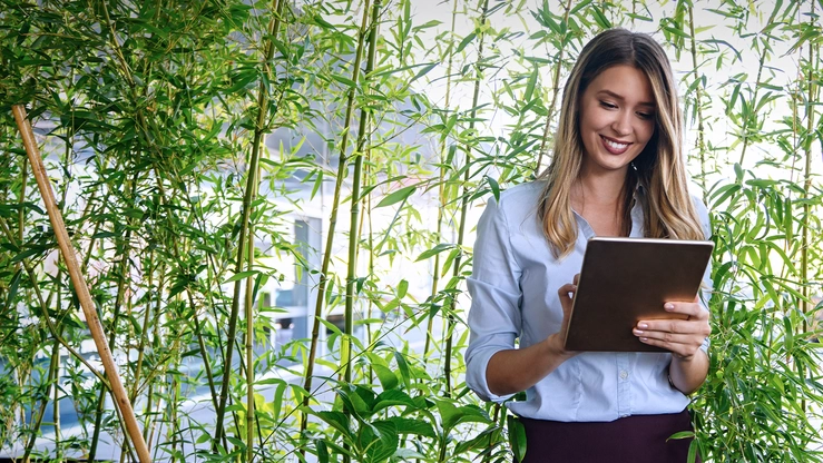 A woman in a business outfit looks at a tablet. Behind is a wall of green bamboo.