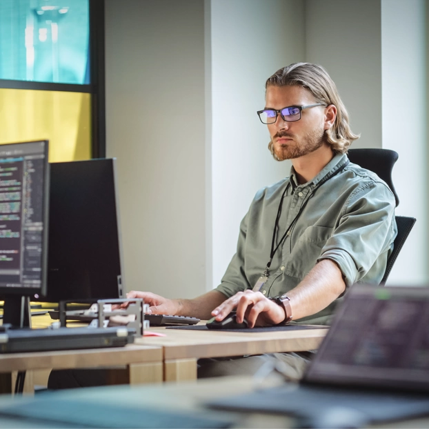 Ein Entwickler arbeitet in einem Office konzentriert an Programmcode.