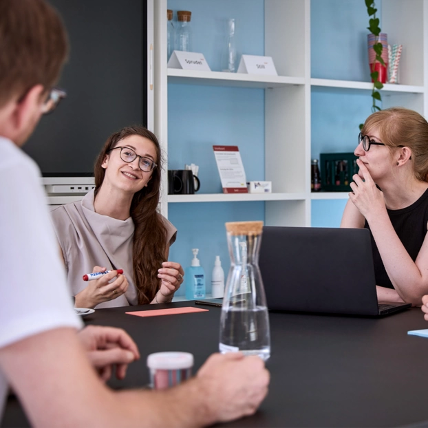 Ein Projektteam berät sich im Besprechungsraum.