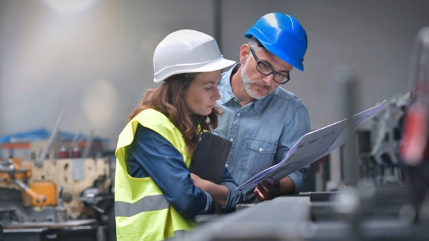 A woman and a man wearing protective vests and helmets examine construction plans in an assembly hall.