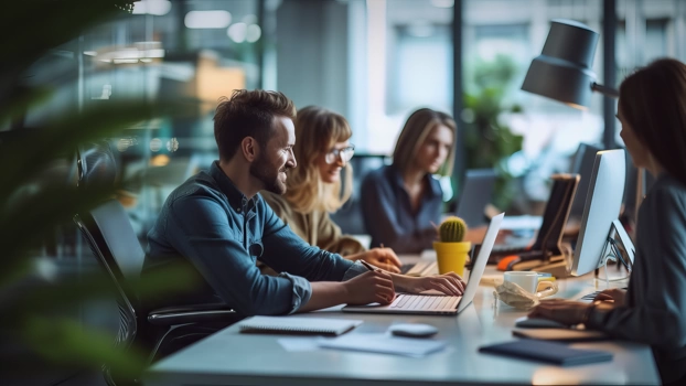 Ein Team arbeitet an einem großen Besprechungstisch.